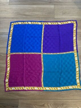 Collection XIIX Chain Print Square Scarf Blue Purple Checker Silk Feel